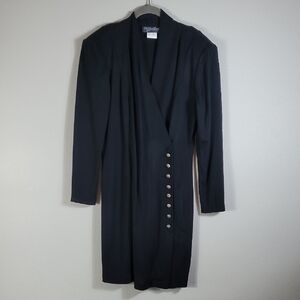 Vintage Long Sleeve Dress Size M Black 80s Shoulder Pads Gold Button Old Money